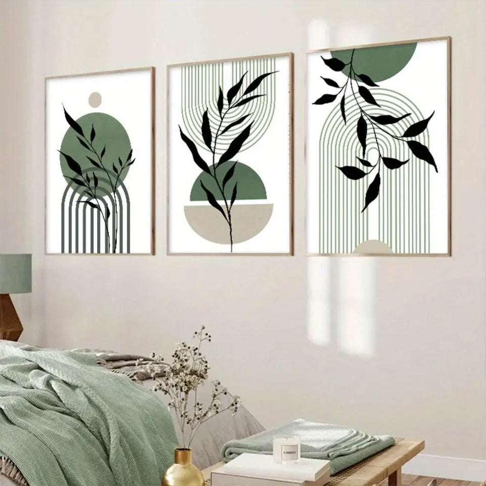 3pcs Sage Green & Black Abstract Canvas Wall Art Set - Modern Boho Decor with Geometric & Botanical Accents for Living Room, Bedroom, Office - Frameless Mid-Century Style Posters, Wall Decor June Wall Art