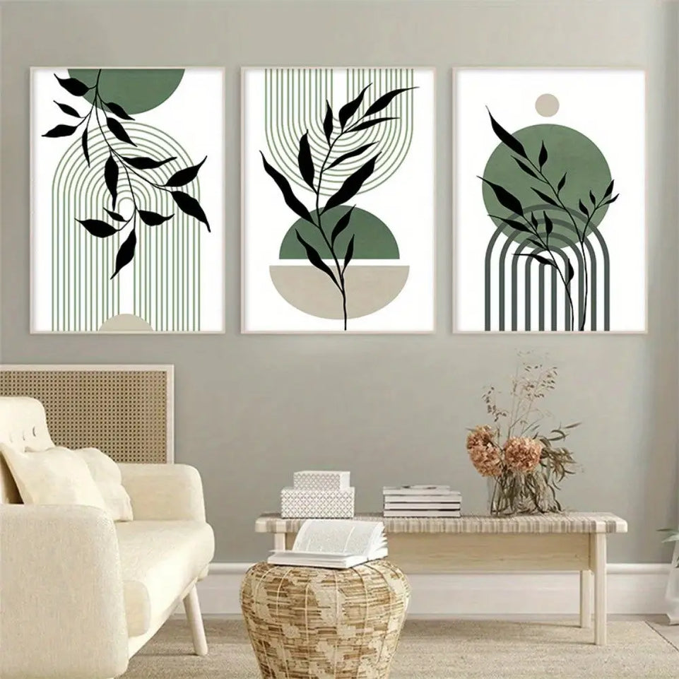 3pcs Sage Green & Black Abstract Canvas Wall Art Set - Modern Boho Decor with Geometric & Botanical Accents for Living Room, Bedroom, Office - Frameless Mid-Century Style Posters, Wall Decor June Wall Art