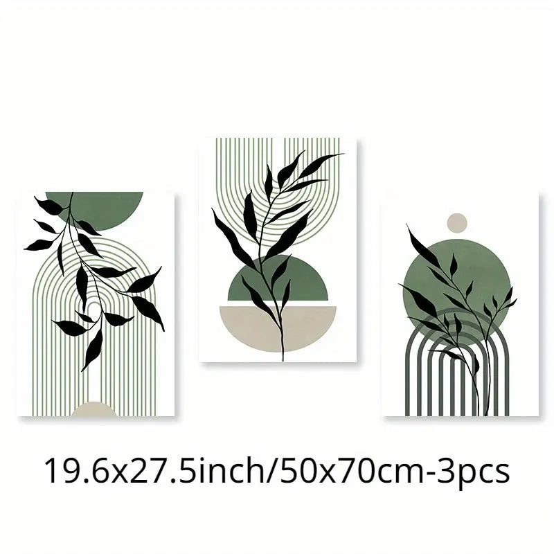 3pcs Sage Green & Black Abstract Canvas Wall Art Set - Modern Boho Decor with Geometric & Botanical Accents for Living Room, Bedroom, Office - Frameless Mid-Century Style Posters, Wall Decor June Wall Art