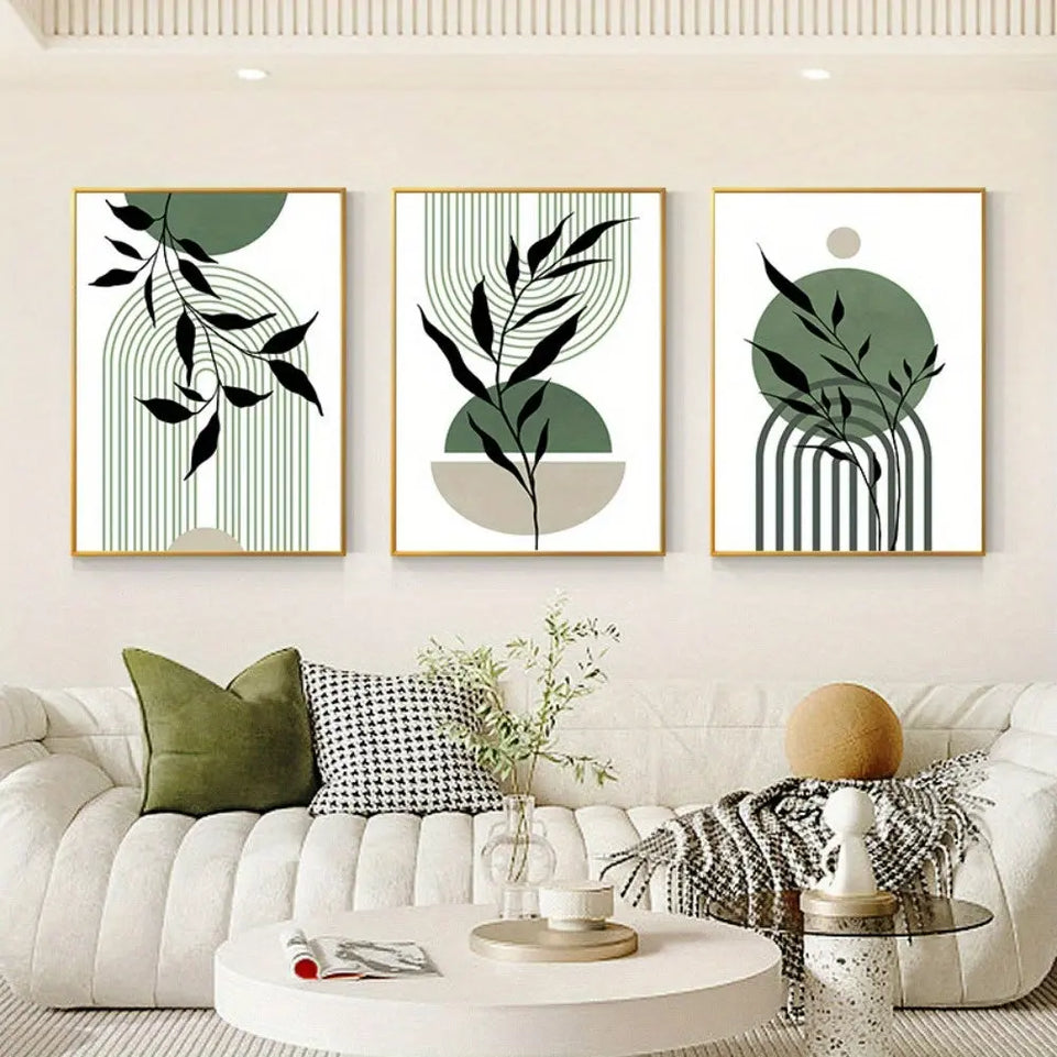3pcs Sage Green & Black Abstract Canvas Wall Art Set - Modern Boho Decor with Geometric & Botanical Accents for Living Room, Bedroom, Office - Frameless Mid-Century Style Posters, Wall Decor June Wall Art