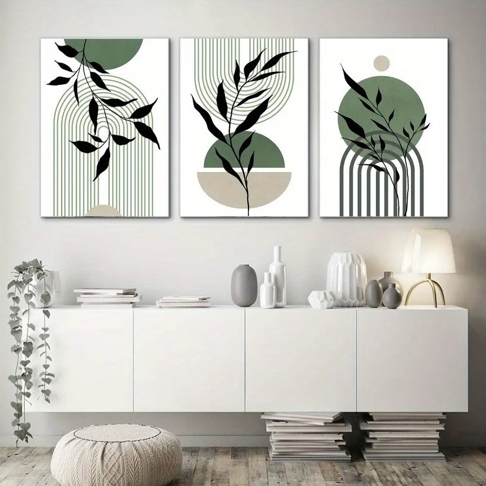 3pcs Sage Green & Black Abstract Canvas Wall Art Set - Modern Boho Decor with Geometric & Botanical Accents for Living Room, Bedroom, Office - Frameless Mid-Century Style Posters, Wall Decor June Wall Art