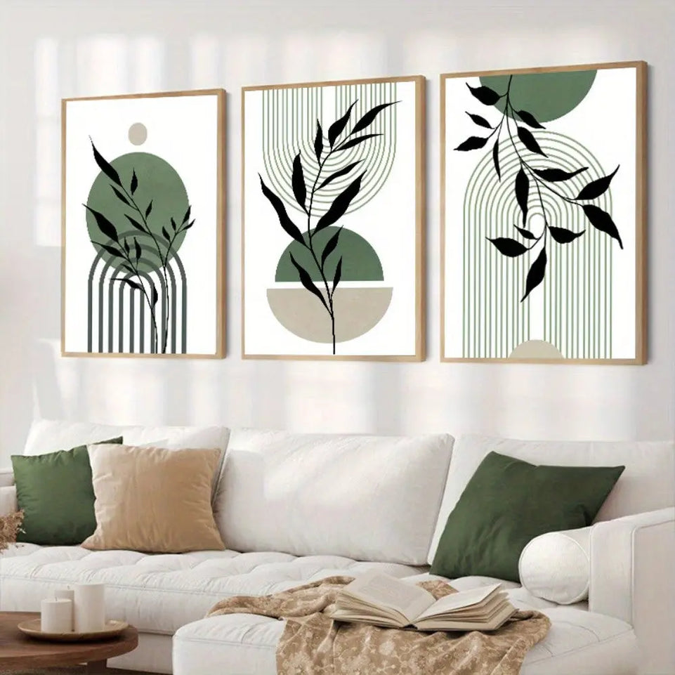 3pcs Sage Green & Black Abstract Canvas Wall Art Set - Modern Boho Decor with Geometric & Botanical Accents for Living Room, Bedroom, Office - Frameless Mid-Century Style Posters, Wall Decor June Wall Art