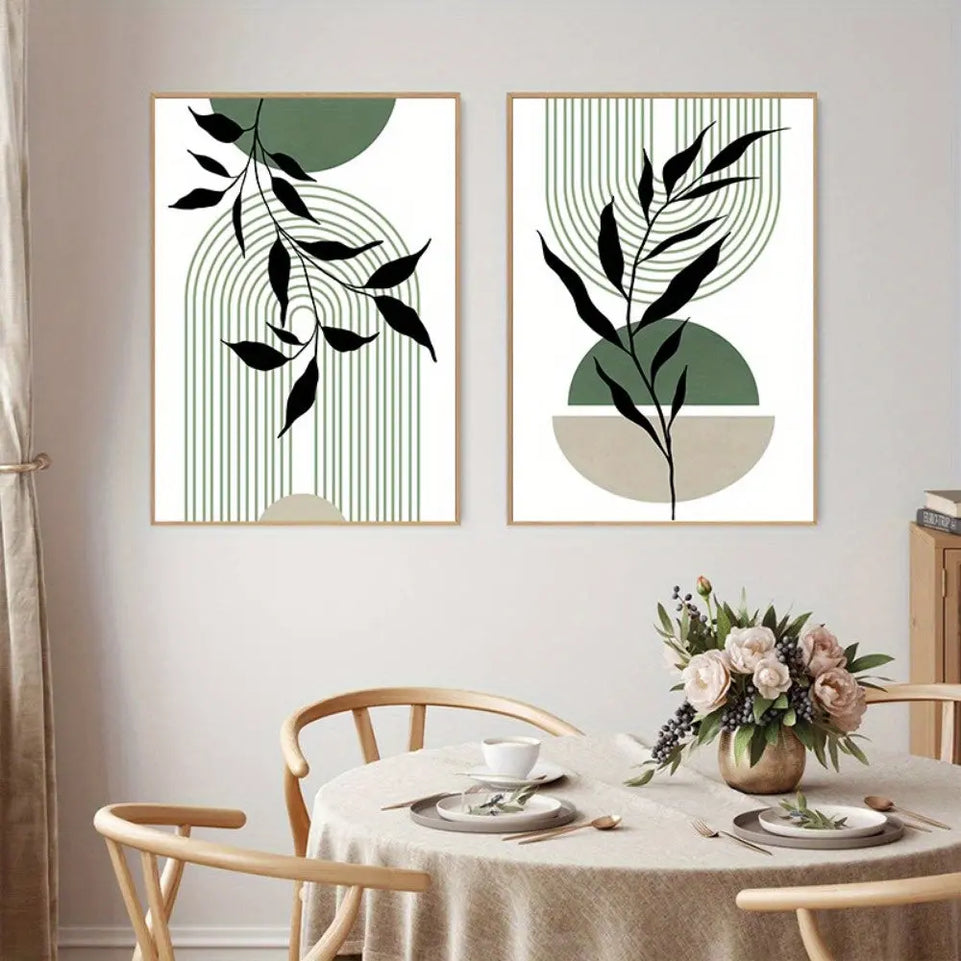 3pcs Sage Green & Black Abstract Canvas Wall Art Set - Modern Boho Decor with Geometric & Botanical Accents for Living Room, Bedroom, Office - Frameless Mid-Century Style Posters, Wall Decor June Wall Art