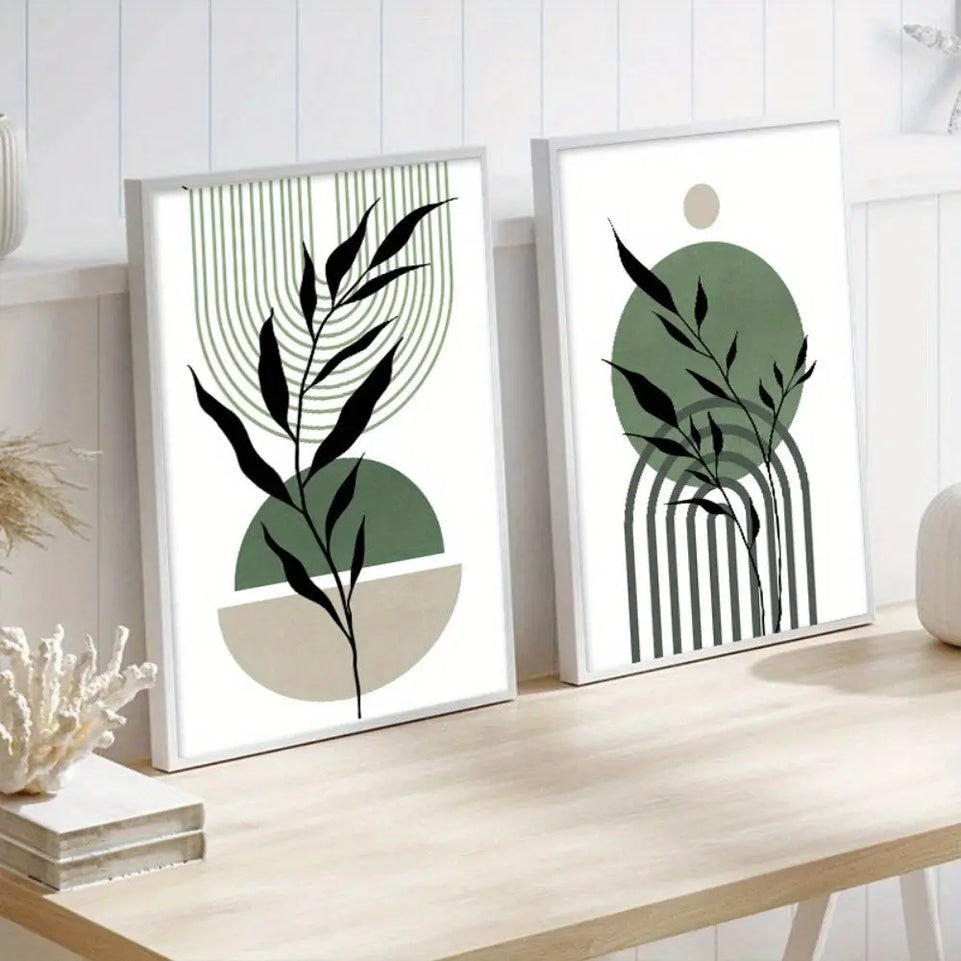 3pcs Sage Green & Black Abstract Canvas Wall Art Set - Modern Boho Decor with Geometric & Botanical Accents for Living Room, Bedroom, Office - Frameless Mid-Century Style Posters, Wall Decor June Wall Art