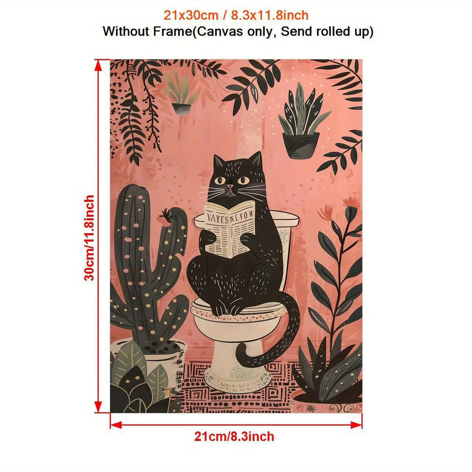 1pc Canvas Poster printed painting,Bathroom Wall Art,Black Cat on the Toilet - Funny Cat Picture,Cat Lover Gift, Home Room Decor wall art unframed June Wall Art