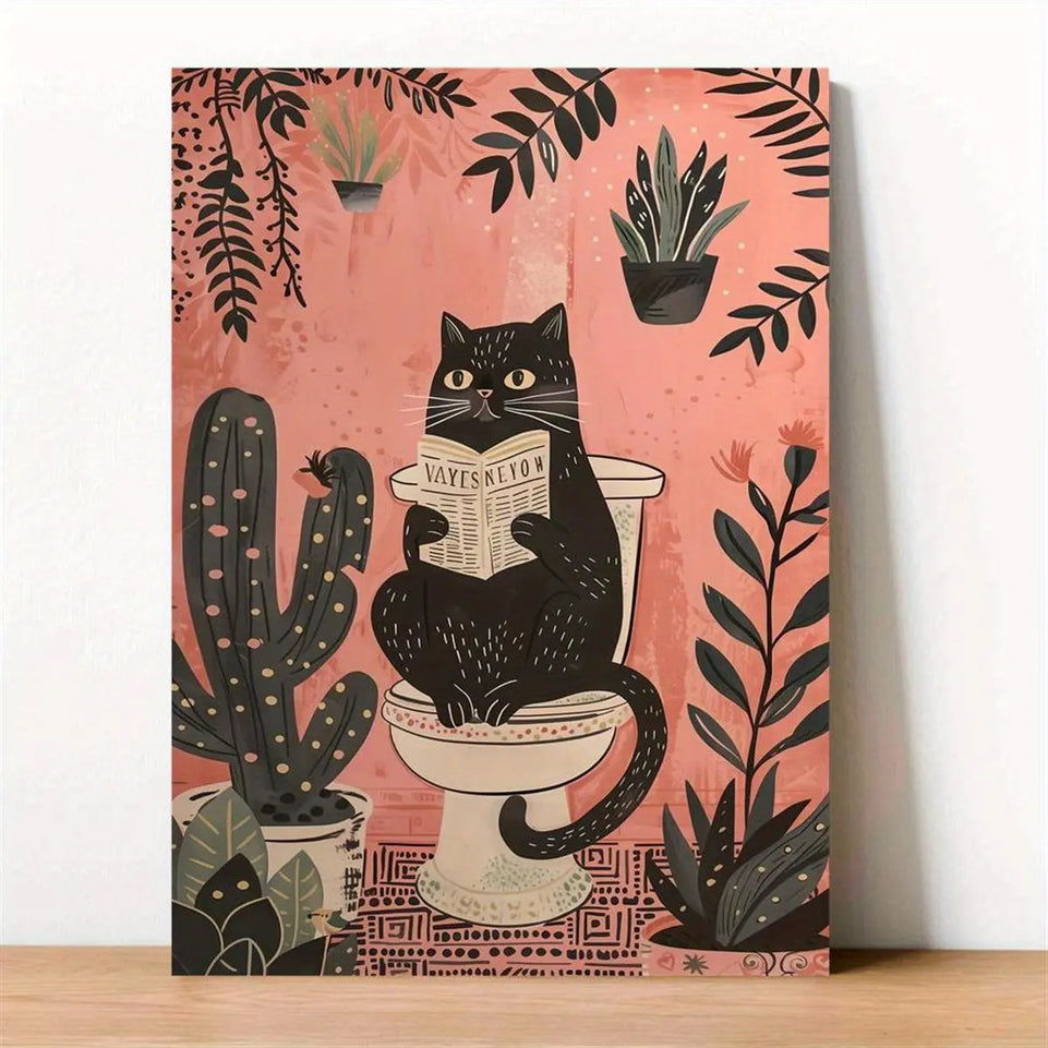 1pc Canvas Poster printed painting,Bathroom Wall Art,Black Cat on the Toilet - Funny Cat Picture,Cat Lover Gift, Home Room Decor wall art unframed June Wall Art
