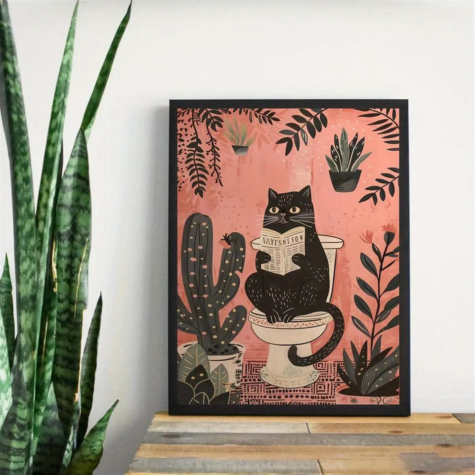 1pc Canvas Poster printed painting,Bathroom Wall Art,Black Cat on the Toilet - Funny Cat Picture,Cat Lover Gift, Home Room Decor wall art unframed June Wall Art