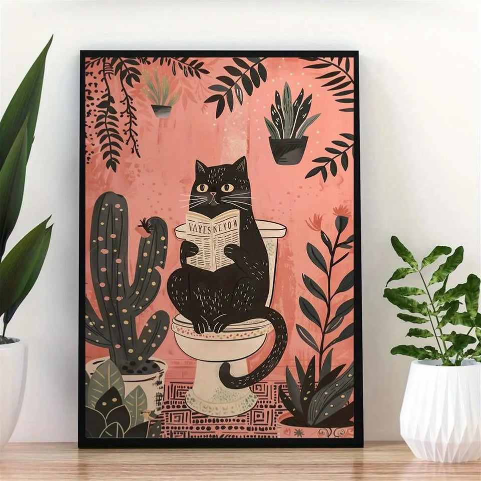 1pc Canvas Poster printed painting,Bathroom Wall Art,Black Cat on the Toilet - Funny Cat Picture,Cat Lover Gift, Home Room Decor wall art unframed June Wall Art