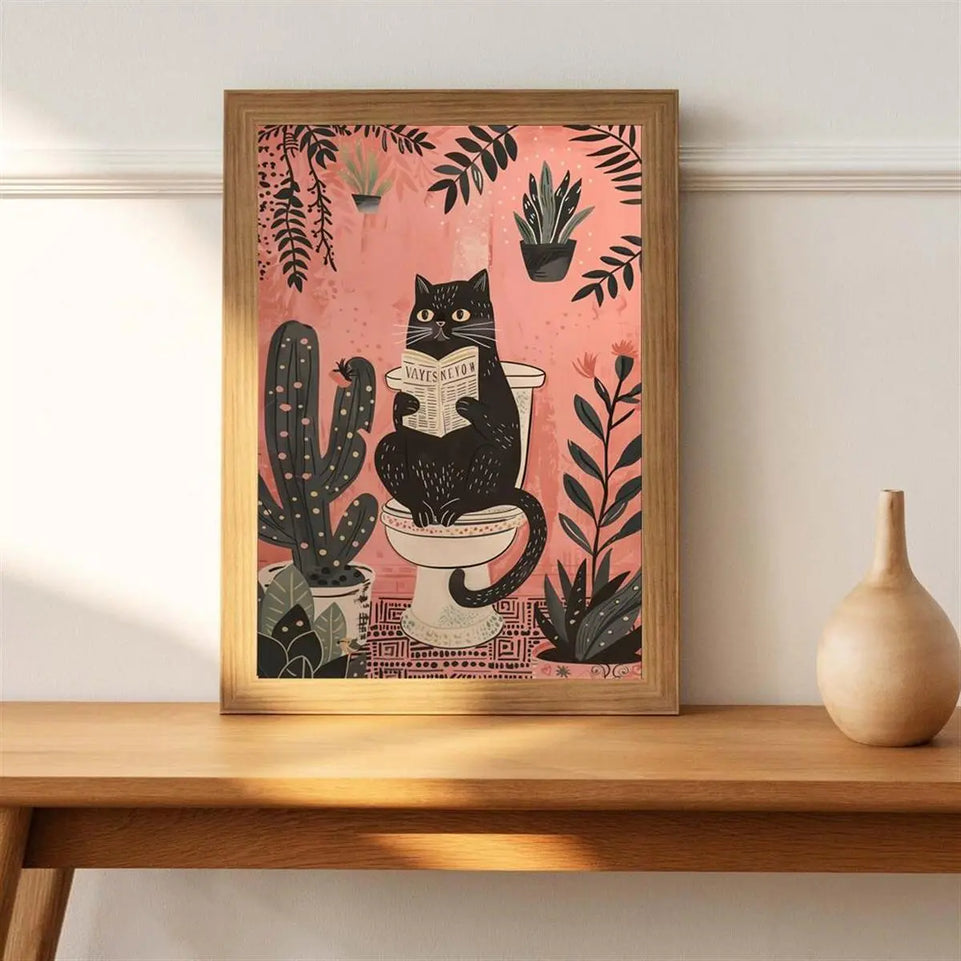 1pc Canvas Poster printed painting,Bathroom Wall Art,Black Cat on the Toilet - Funny Cat Picture,Cat Lover Gift, Home Room Decor wall art unframed June Wall Art