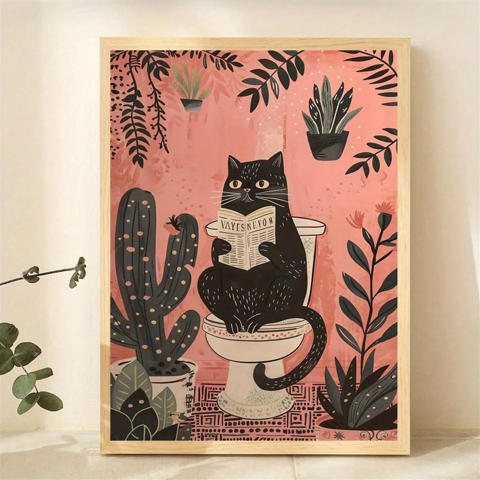 1pc Canvas Poster printed painting,Bathroom Wall Art,Black Cat on the Toilet - Funny Cat Picture,Cat Lover Gift, Home Room Decor wall art unframed June Wall Art