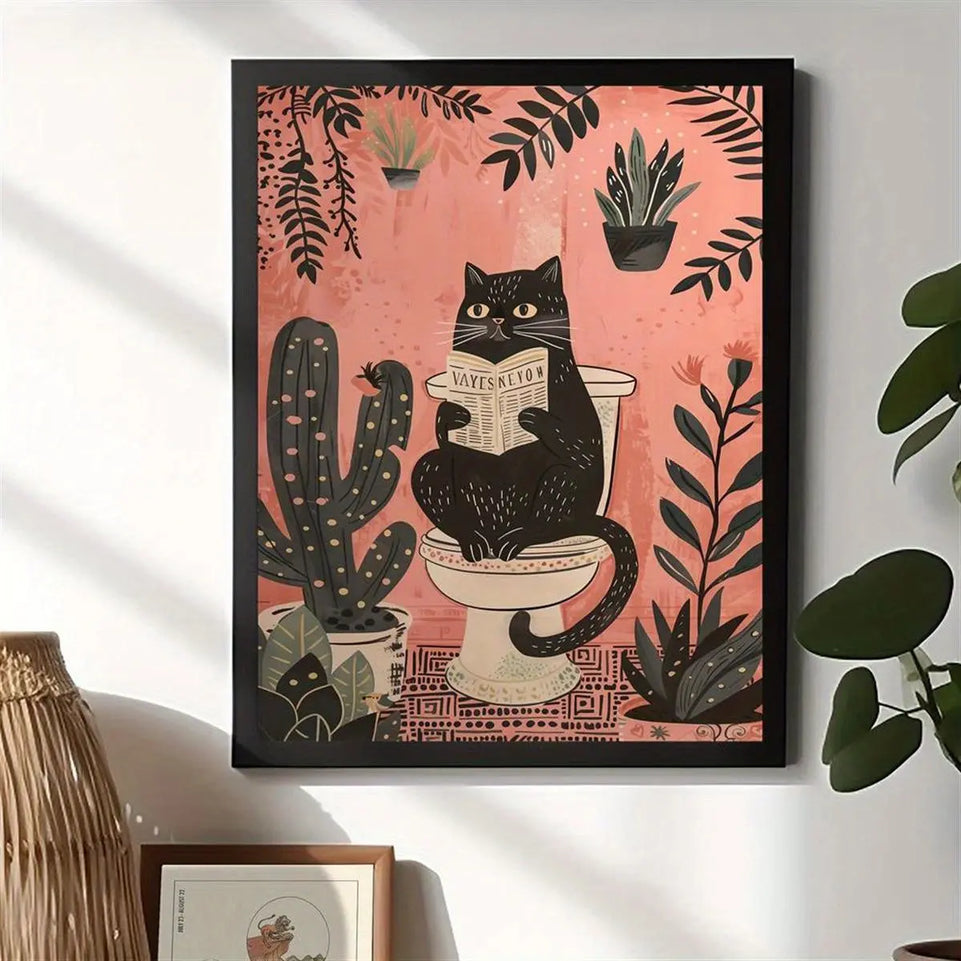 1pc Canvas Poster printed painting,Bathroom Wall Art,Black Cat on the Toilet - Funny Cat Picture,Cat Lover Gift, Home Room Decor wall art unframed June Wall Art