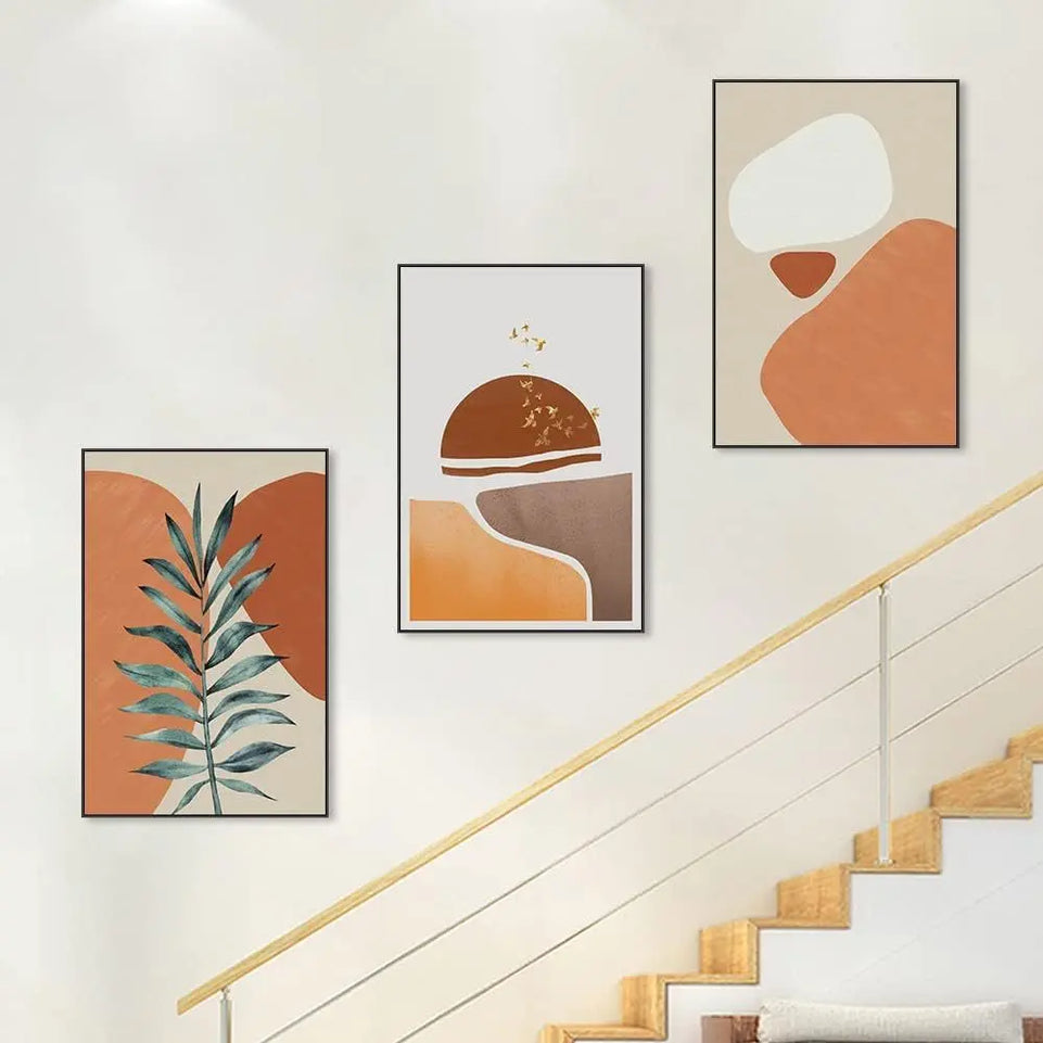 Set of 3 Boho Wall Art Mid-Century Modern Wall Art 3 Piece Orange Abstract Framed Wall Decor Minimalist Large Canvas Wall Art for Living Room Bedroom Office Artwork (Orange, Wrapped Canvas frame) June Wall Art