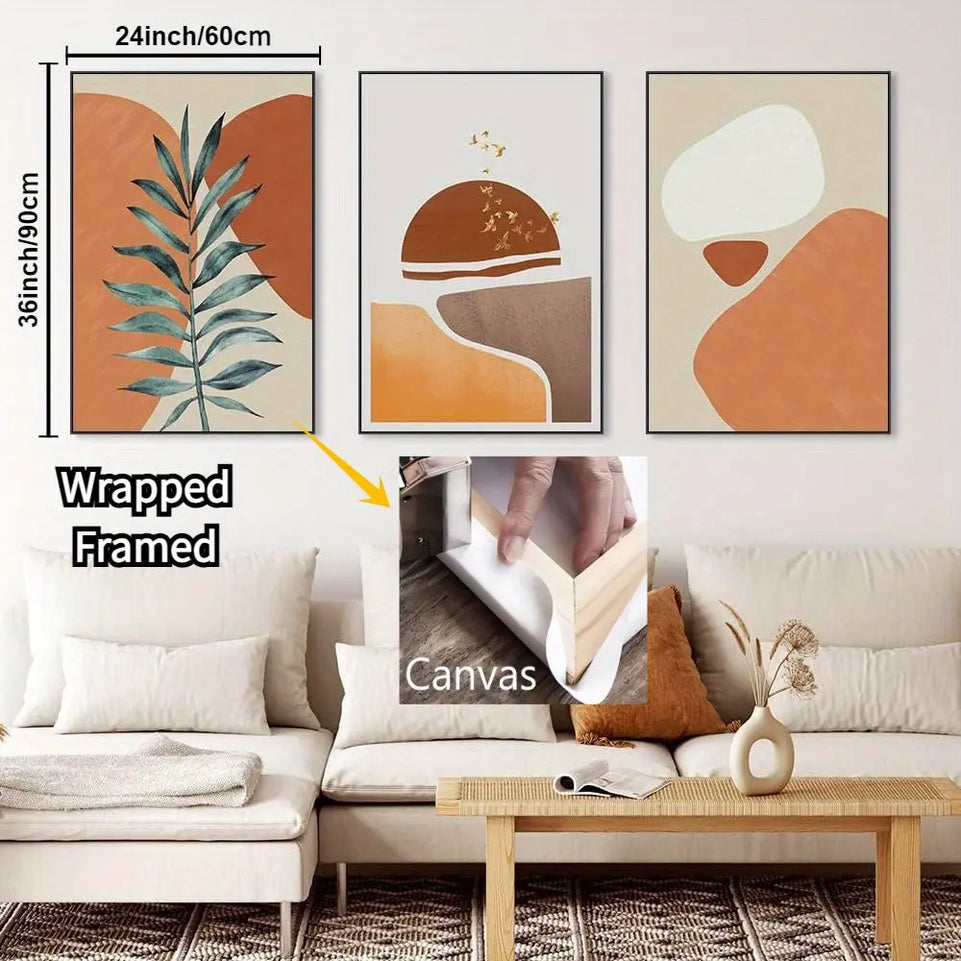 Set of 3 Boho Wall Art Mid-Century Modern Wall Art 3 Piece Orange Abstract Framed Wall Decor Minimalist Large Canvas Wall Art for Living Room Bedroom Office Artwork (Orange, Wrapped Canvas frame) June Wall Art