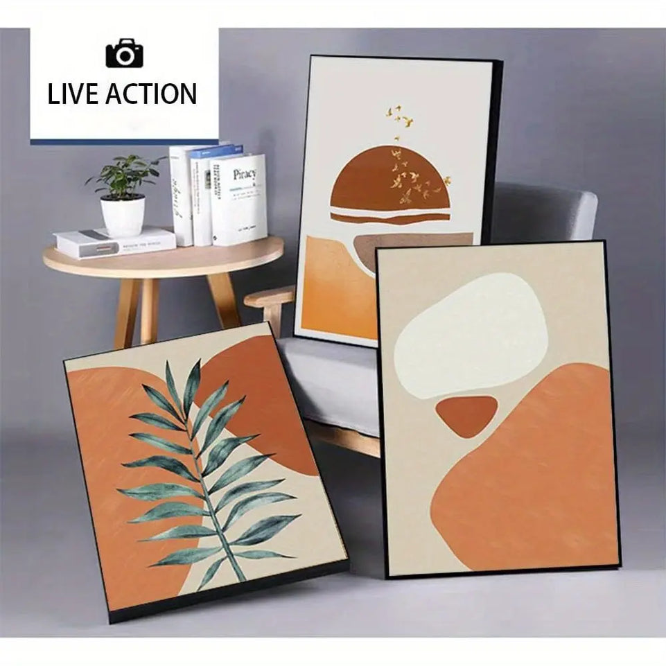 Set of 3 Boho Wall Art Mid-Century Modern Wall Art 3 Piece Orange Abstract Framed Wall Decor Minimalist Large Canvas Wall Art for Living Room Bedroom Office Artwork (Orange, Wrapped Canvas frame) June Wall Art