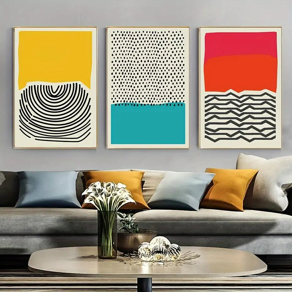 Set of 3 Vibrant Color Block Wrapped Framed Canvas Wall Art Set - Striking Mid Century Modern Decor for Home - Eye-Catching Artistic Statement to Transform Your Interior Wrapped Framed Canvas June Wall Art