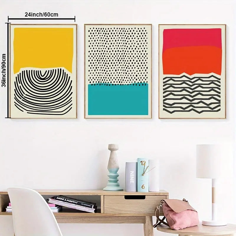 Set of 3 Vibrant Color Block Wrapped Framed Canvas Wall Art Set - Striking Mid Century Modern Decor for Home - Eye-Catching Artistic Statement to Transform Your Interior Wrapped Framed Canvas June Wall Art