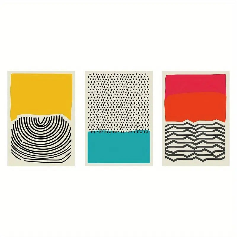 Set of 3 Vibrant Color Block Wrapped Framed Canvas Wall Art Set - Striking Mid Century Modern Decor for Home - Eye-Catching Artistic Statement to Transform Your Interior Wrapped Framed Canvas June Wall Art