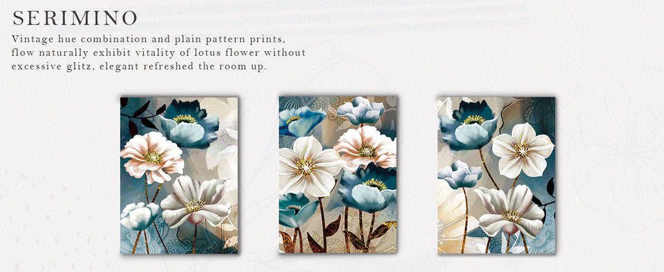 SERIMINO 3 Piece Lotus Flower Canvas Wall Art for Living Room White and Indigo Blue Floral Picture Wall Decor for Dining Room Bedroom Bathroom Kitchen Print Painting for Home Decorations https://www.amazon.com/dp/B08VP27GL7
