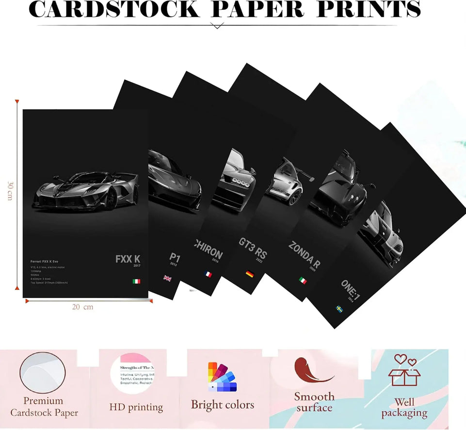 Super Car Poster Racing Car Wall Art For Home Decor Car Prints For Walls FXXK CHIRON P1 911GT3 RS ZONDA R ONE:1 Cardstock Posters Set Of 6(Unframe 8x12inch) https://www.amazon.com/dp/B0CQVFW28F