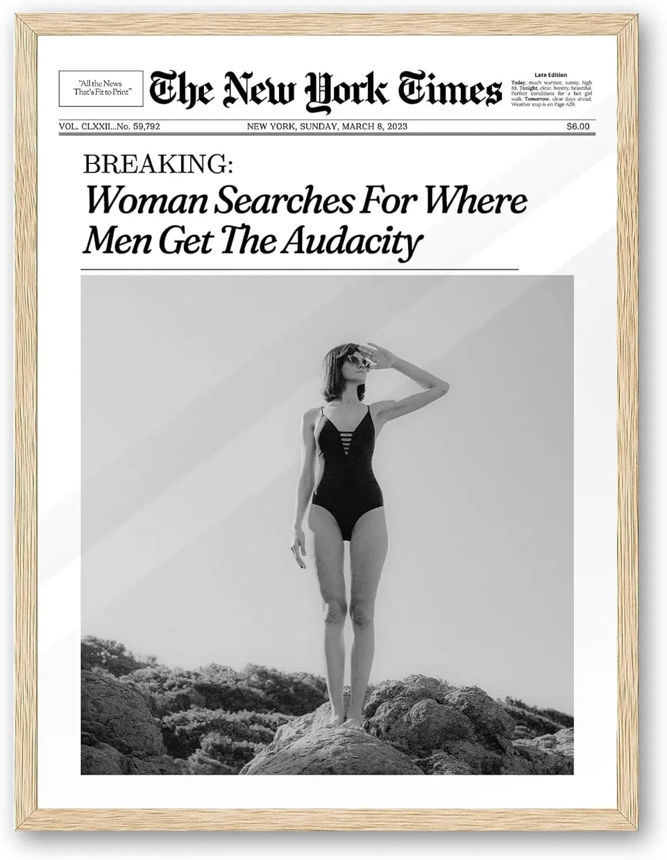 iHery Framed Trendy NewsPaper Wall Art,12x16in Canvas Wall Art,Beige Oak Wood Frame,Retro Vintage New York Magazine Headline News,Woman Searches For Where Men Get The Audacity,Bedroom Décor 1Pack https://www.amazon.com/dp/B0CH4DTS4L