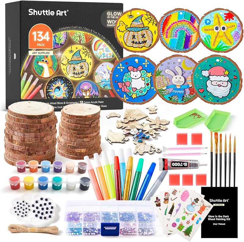 Wood Slices Kit, Shuttle Art 35 PCS Unfinished Natural Wood Slices with Pre-Drilled Hole, Acrylic Paint, Permanent Markers, Jute Twine, DIY Craft for Kids Adults Holiday Decoration Christmas Ornaments https://www.amazon.com/dp/B08FDGWSCW