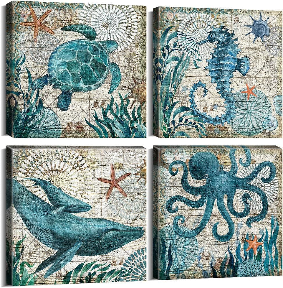 Bathroom Wall Art Beach Decor Ocean Sea Turtle Octopus Canvas Pictures Coastal Room Decor Teal Bathroom Accessories Vintage Whale Seahorse Poster Modern Nautical Painting Bedroom Home Decorations https://www.amazon.com/dp/B07HMJFDK3