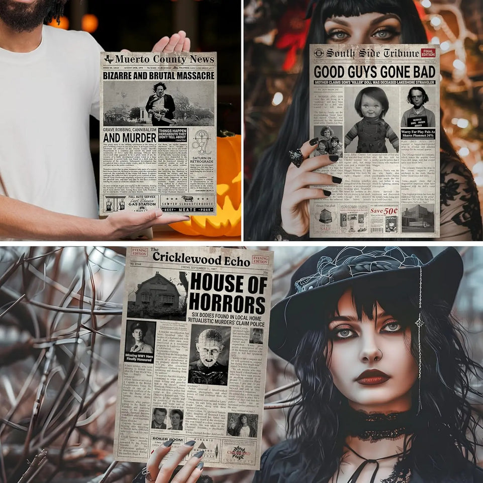 12 Pcs Newspaper Horror Posters (8”x12”), Horror Decor, Halloween Scary Movie Posters Wall Art Decor, Creepy Perfect Retro Bedroom And Vintage, Jason Voorhees, Ashy Slashy - Unframed https://www.amazon.com/dp/B0D83RR9MC