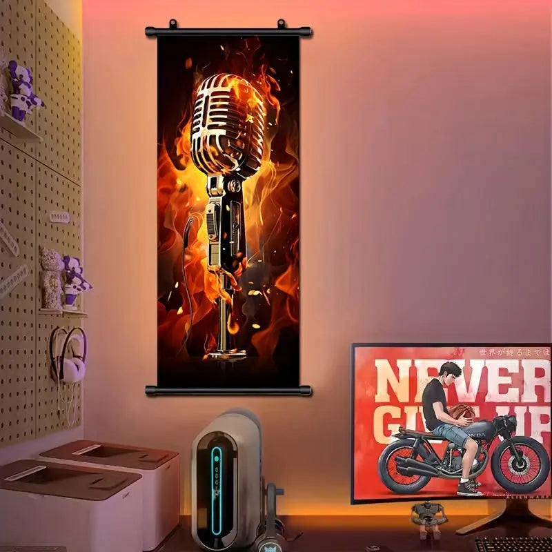 1pc Music Hanging Scrolls Painting, Flame Guitar Wall Art Poster, Artwork Wall Painting For Bathroom Bedroom Living Room Wall Decor, Home Decoration, Aesthetic Room Decor, 16inch * 39inch June Wall Art