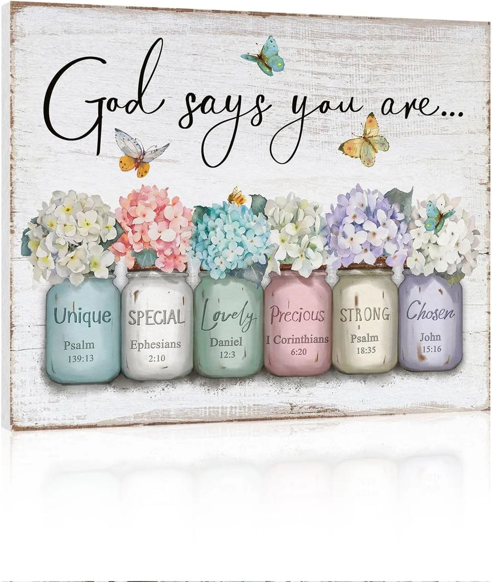 Inspirational Bible Verse Wall Art: God Says You Are Wall Sayings Flowers in Mason Jar Picture Print Christian Gift Quotes Poster for Women Girl Bedroom Decor 12" x 15" https://www.amazon.com/dp/B0C5R38HHX