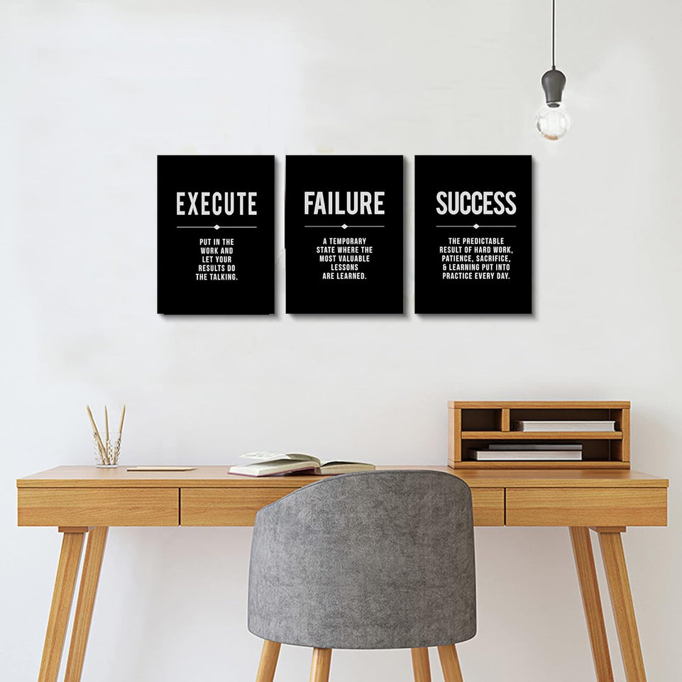 Framed Canvas Wall Art Success Quote For Office, Black Large Positive Motivational Poster, Set of 3, Execute Failure Definition, Inspirational Print (A-3pcs,12x16inchx3pcs) https://www.amazon.com/dp/B08CVF24C6