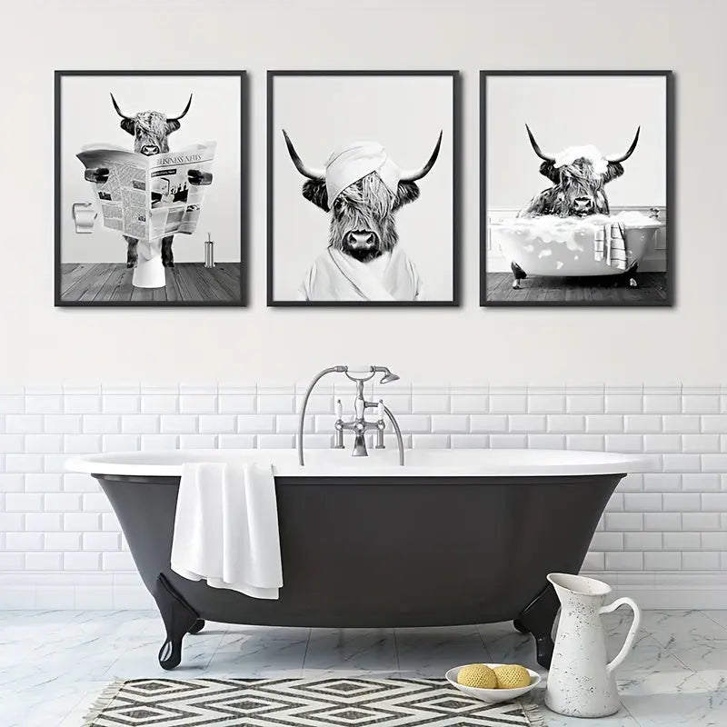 3pcs/set Funny Highland Cow Wall Art In Bathtub, Black And White Canvas Cow In Bathroom Picture, Humor Animals Bathroom Artwork Prints Rustic Farmhouse Style Wall Decor For Living Room,Bedroom, Kids Bathroom Decor, 12x16 Inch June Wall Art