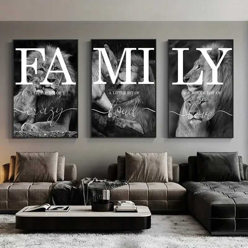 3pcs Unframed Black And White Lion Family Quote Home Signs Canvas Painting, Poster And Prints Animal Wall Art, Living Room Decoration Bedroom Home Decor Picture June Wall Art