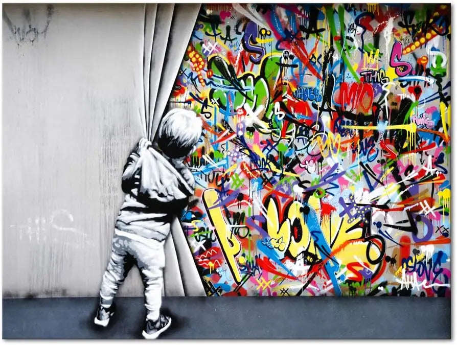 Yatsen Bridge Classic Street Art Banksy Graffiti Wall Art Behind The Curtain Posters Canvas Paintings Colorful Graffiti Pictures Prints Framed for Living Room Home Decor(36''W x 24''H) https://www.amazon.com/dp/B07ZVHB9FP