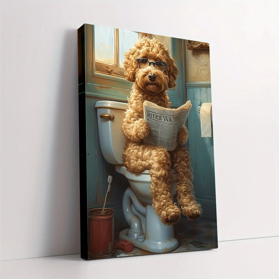 Humorous Wooden Framed 1pc Goldendoodle Bathroom Canvas Wall Art - Modern Minimalist Pet-Themed Print for Restroom Decor, Ideal Gift for Dog Lovers - Unique Interior Design Accent June Wall Art
