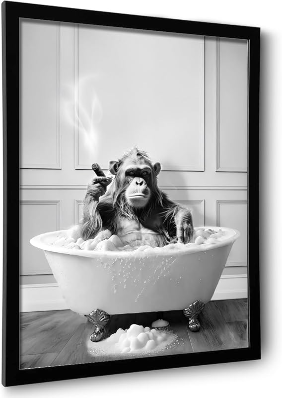 Framed Bathroom Decor Wall Art, Chimpanzee in Bathtub, Black and White Wall Art, Funny Bathroom Wall Decor Signs, Cute Animal Art for Bathroom (Framed,8''x10'')1 https://www.amazon.com/dp/B0CFVFYRPZ