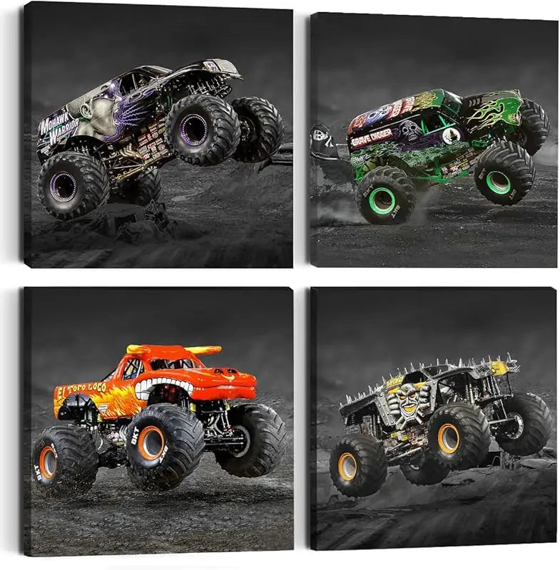 4PC Car Room Decor Truck Canvas Wall Art Framed Boys Room Decor Watercolor Cartoon Car Color Racing Vehicle Painting Garage Wall Decor Modern Canvas Prints for Playroom Farmhouse Men Living Room Home https://www.amazon.com/dp/B0C7KR9V76