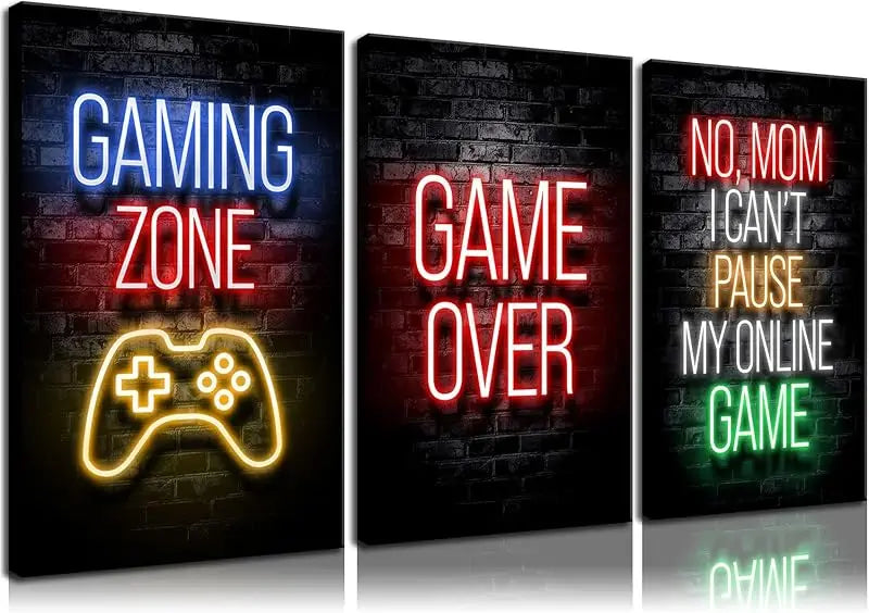 3pcs Game Room Decor Neon Gaming Posters Wall Art Gamer Accessories Theme Canvas Print Game Console Painting Picture for Children Youth Game Boys Bedroom Teen Wall Decor Unframed 12"x16"x3 https://www.amazon.com/dp/B0CPCHHKQD