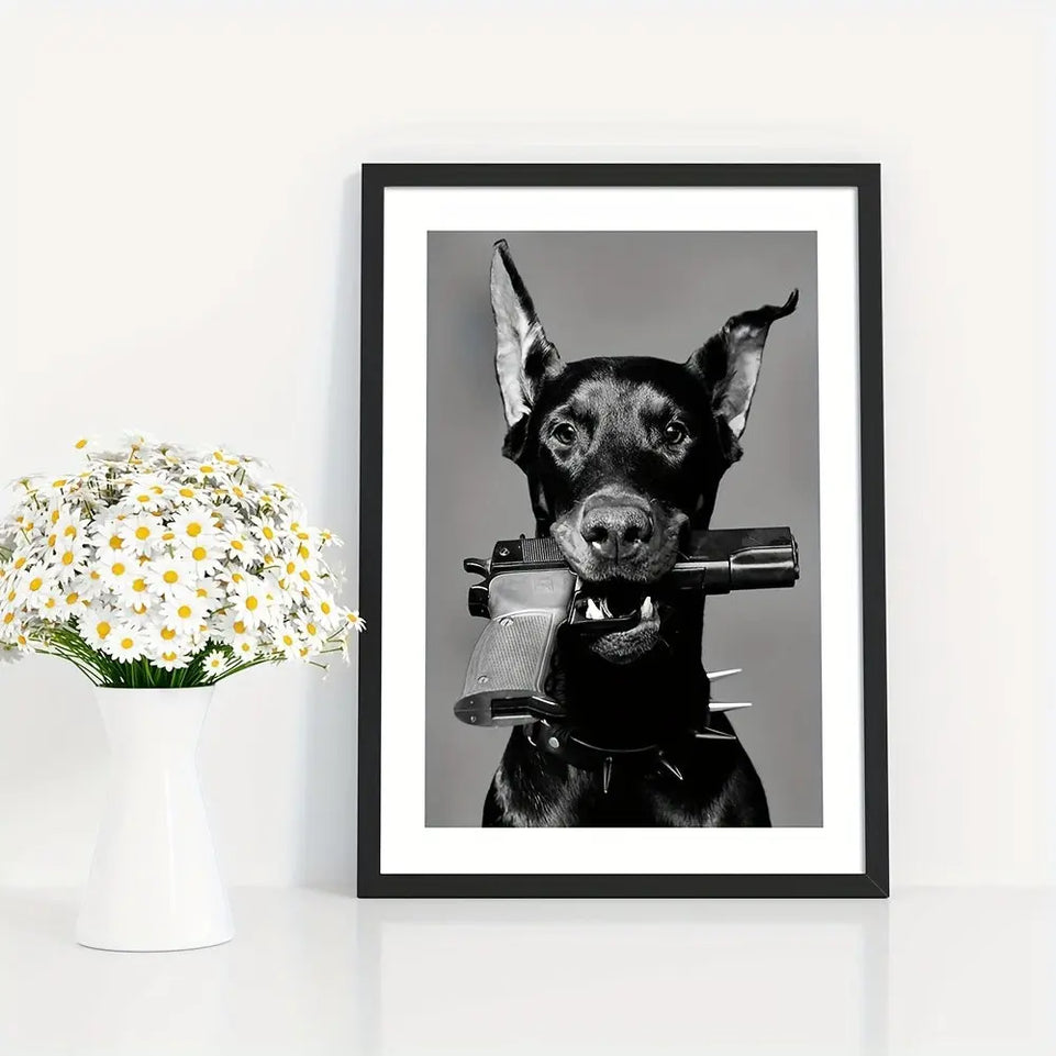 1pc Luxury Black and White Doberman and Gun Poster for Nordic Home Decor - Printed Canvas Wall Art Picture - 15.7x23.6in June Wall Art