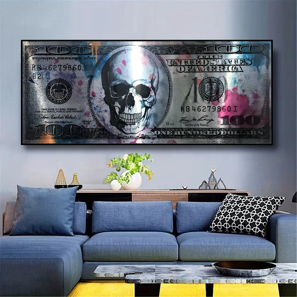 1pc Modern Art Canvas Poster, 50x120cm Unframed Skull and Money Bill Design, Creative 100 Dollar Wall Art Decor for Living Room, Indoor Horizontal Canvas Print June Wall Art