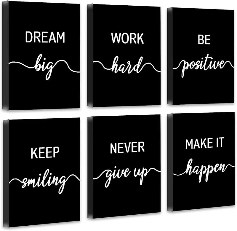 Drsoum Motivational Wall Decor Inspirational Office Wall Art Black Quotes Wall Art for Living Room Encouraging Canvas Posters for Office Bedroom Sayings for Wall Decor - 8” x10” x6 PCS (Framed) https://www.amazon.com/dp/B0C6LPVLRF