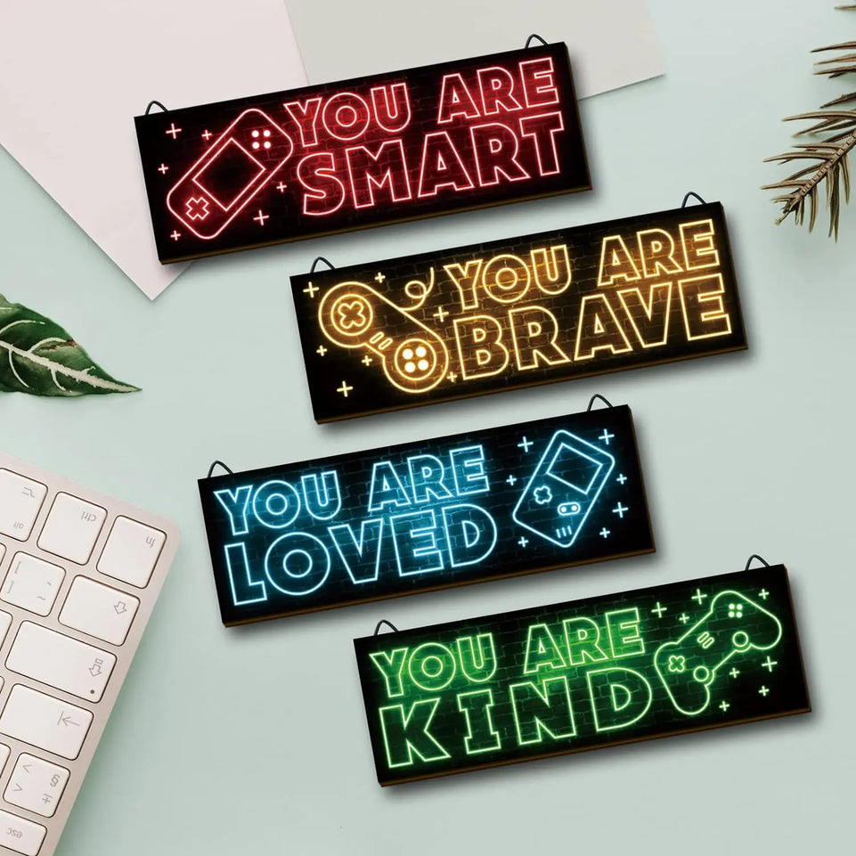 YLOLUL 4pcs Neon Game Art Prints, Wood Wall Art Decor for Boys Room, Gamer Decorations, Inspirational Quote Wall Decor, Modern Home Decor, 12 x 4 Inch, Red https://www.amazon.com/dp/B0BGXSKNG1
