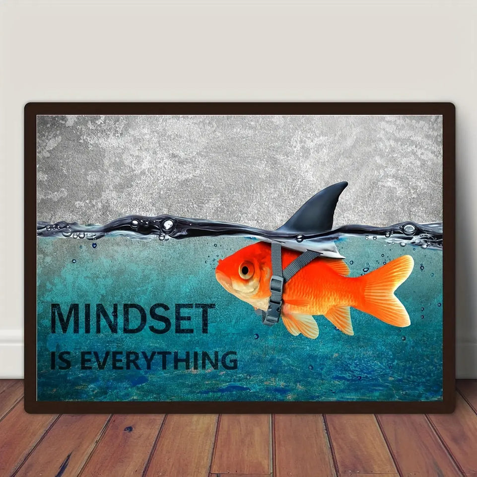 Mindset is Everything" - Motivational Canvas Wall Art with Blue Goldfish & Shark, Frameless Inspirational Quote Poster for Office, Bedroom, Bathroom Decor | Modern Minimalist Design, Indoor Use, Motivational Wall Art June Wall Art