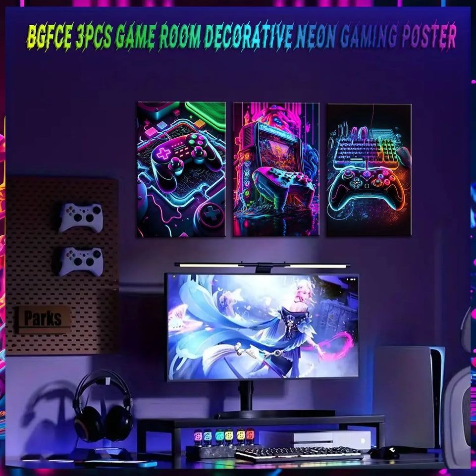 3pcs Game Room Decor Neon Gaming Posters Wall Art Gamer Accessories Theme Canvas Print Game Console Painting Picture for Children Youth Game Boys Bedroom Teen Wall Decor Unframed 12"x16"x3 https://www.amazon.com/dp/B0CPCHHKQD