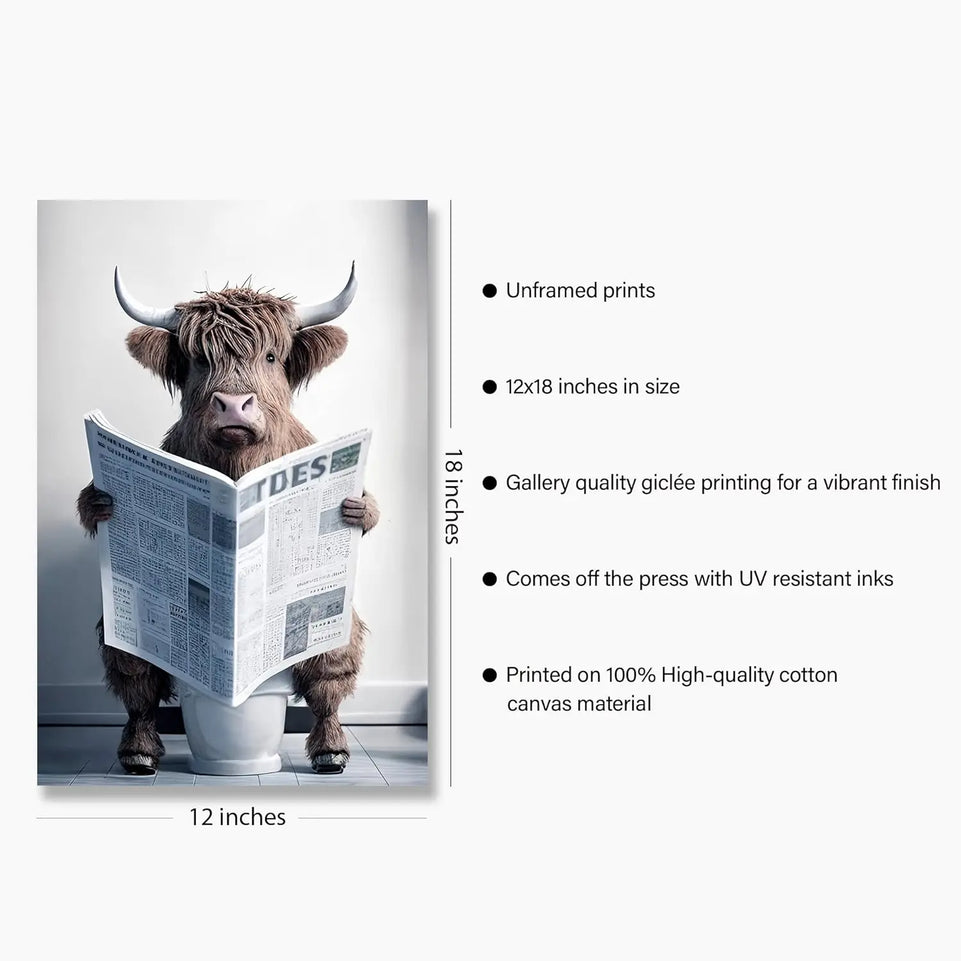 Funny Highland Cow Wall Art Canvas Bathroom Picture, Humor Animals Bathroom Artwork Prints, Rustic Farmhouse Wall Decor for Living Room, Bathroom, Bedroom, Kids Bathroom Decor (12x18inch,Unframed) https://www.amazon.com/dp/B0C5Y37B9J
