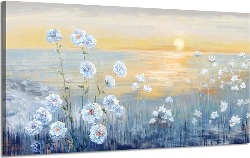 Bathroom Decor Wall Art Blue Beach Picture Ocean Theme Flower Canvas Print Modern Coastal Seascape Painting Framed Seaside Artwork Floral Daisy in Indian Vase for Home Sea Lake Bedroom 14x14inch https://www.amazon.com/dp/B08VH1FZV3