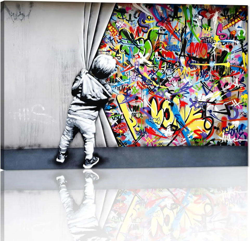 Yatsen Bridge Classic Street Art Banksy Graffiti Wall Art Behind The Curtain Posters Canvas Paintings Colorful Graffiti Pictures Prints Framed for Living Room Home Decor(36''W x 24''H) https://www.amazon.com/dp/B07ZVHB9FP
