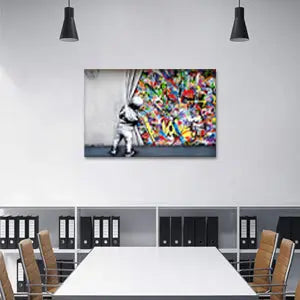 Yatsen Bridge Classic Street Art Banksy Graffiti Wall Art Behind The Curtain Posters Canvas Paintings Colorful Graffiti Pictures Prints Framed for Living Room Home Decor(36''W x 24''H) https://www.amazon.com/dp/B07ZVHB9FP