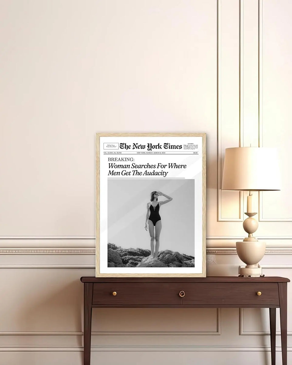 iHery Framed Trendy NewsPaper Wall Art,12x16in Canvas Wall Art,Beige Oak Wood Frame,Retro Vintage New York Magazine Headline News,Woman Searches For Where Men Get The Audacity,Bedroom Décor 1Pack https://www.amazon.com/dp/B0CH4DTS4L
