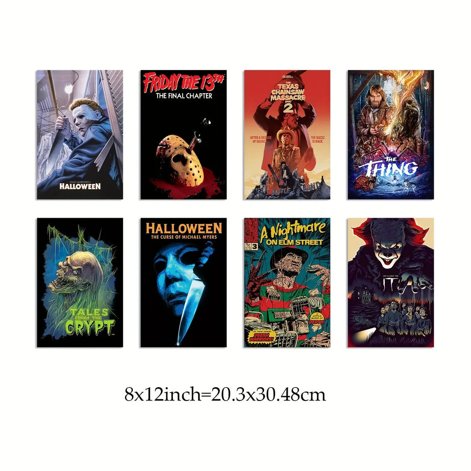 8pcs Unframed Halloween Vintage Horror Movie Posters Set, Classic Scary Movie Art Prints Horror Movie Character Wall Art Posters, For Home Living Room Bedroom Man Cave Theater Decor June Wall Art