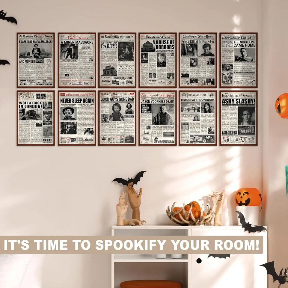 12 Pcs Newspaper Horror Posters (8”x12”), Horror Decor, Halloween Scary Movie Posters Wall Art Decor, Creepy Perfect Retro Bedroom And Vintage, Jason Voorhees, Ashy Slashy - Unframed https://www.amazon.com/dp/B0D83RR9MC